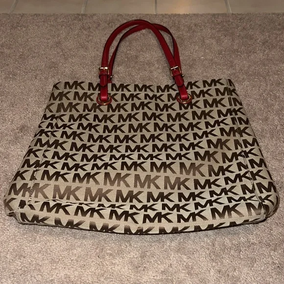 Michael Kors Signature Classic Monogram MK Tall Jet Set Tote in Brown/Tan/Red. - Picture 4 of 11